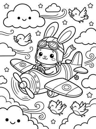 Desenho de Coelhinho Pilotando Avião para colorir e imprimir grátis