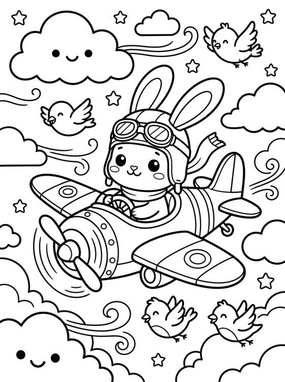 Desenho de Coelhinho Pilotando Avião para colorir e imprimir grátis