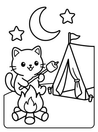 Desenho de Gatinho Acampando para colorir e imprimir grátis