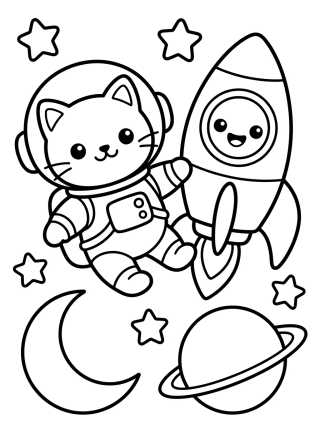 Desenho de Gatinho Astronauta no Espaço para colorir e imprimir grátis