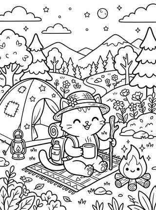 Desenho de Gatinho Mochileiro no Acampamento para colorir e imprimir grátis