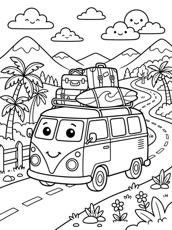 Desenho de Kombi Fofinha na Estrada para colorir e imprimir grátis