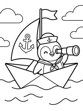 Desenho de Pinguim Marinheiro no Barquinho para colorir e imprimir grátis