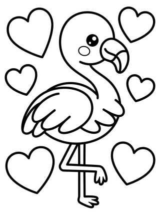 Desenho de Flamingo Kawaii com Corações para colorir e imprimir grátis