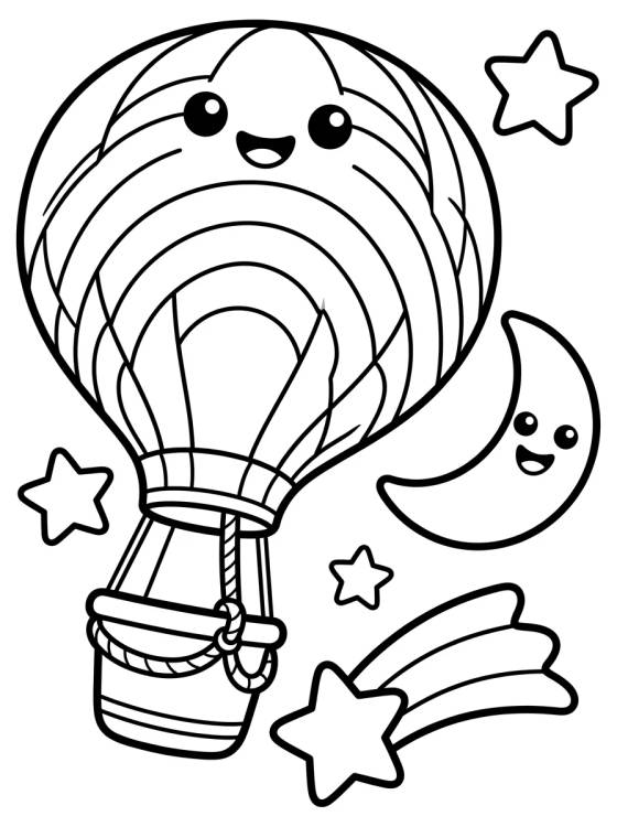 Desenho de Balão Arco-Íris no Céu Estrelado para colorir e imprimir grátis