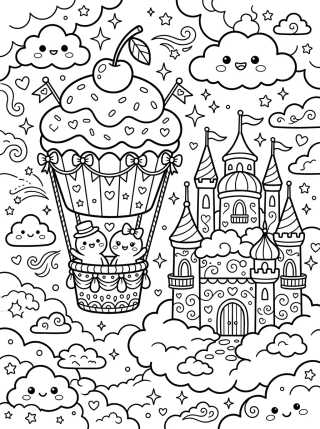 Desenho de Balão Cupcake e Castelo nas Nuvens para colorir e imprimir grátis