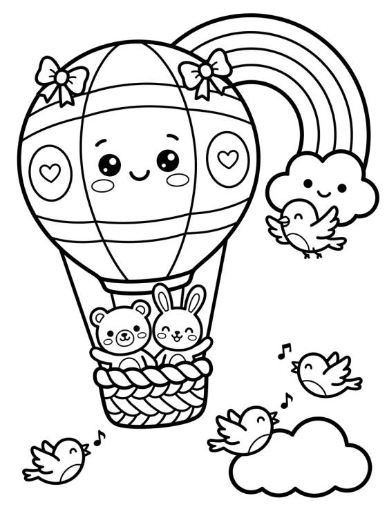 Desenho de Balão de Ar Quente entre Passarinhos e Arco-Íris para colorir e imprimir grátis