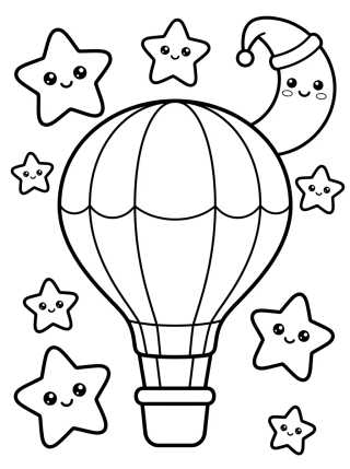 Desenho de Balão Encantado Entre Estrelas e a Lua para colorir e imprimir grátis