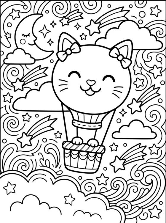 Desenho de Balão Gatinho nas Estrelas para colorir e imprimir grátis