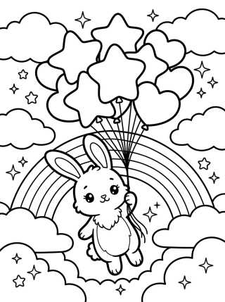 Desenho de Coelhinho Voando com Balões para colorir e imprimir grátis