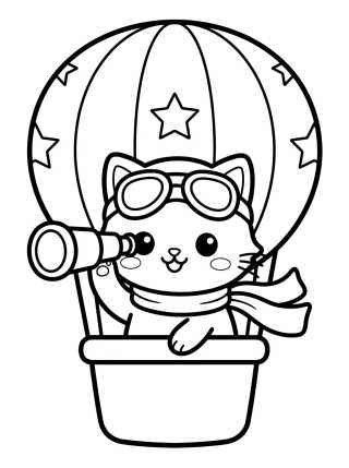 Desenho de Gatinho Aviador no Balão para colorir e imprimir grátis