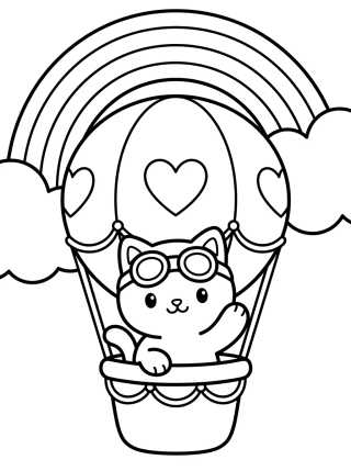Desenho de Gatinho Piloto no Balão com Arco-Íris para colorir e imprimir grátis