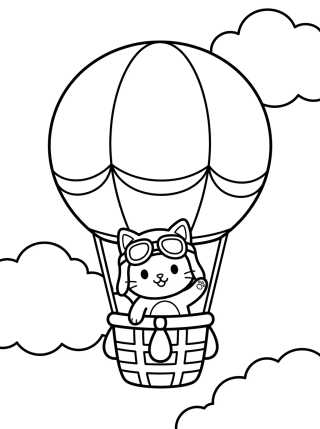 Desenho de Gatinho Piloto Voando de Balão nas Nuvens para colorir e imprimir grátis