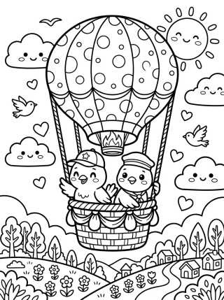 Desenho de Passarinhos no Balão de Ar Quente para colorir e imprimir grátis