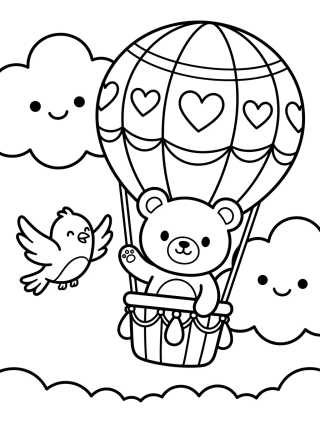 Desenho de Ursinho no Balão entre Nuvens para colorir e imprimir grátis