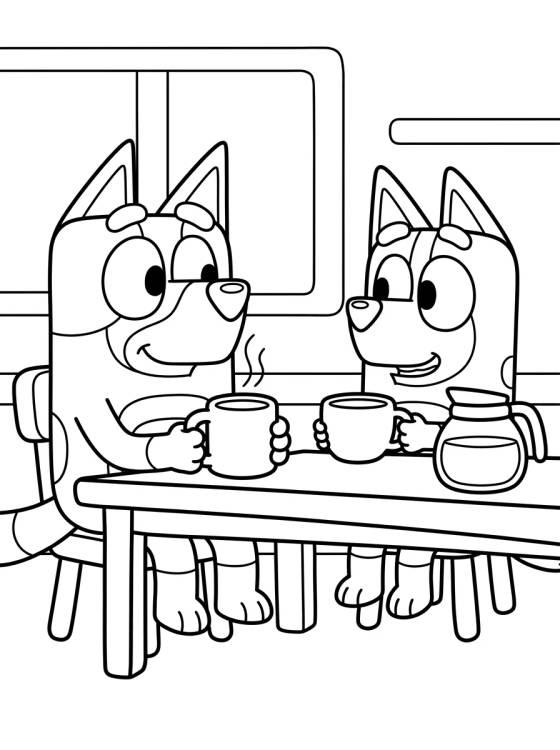 Desenho de Bandit e Chilli Tomando Café para colorir e imprimir grátis