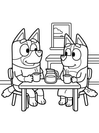 Desenho de Bandit e Chilli Tomando Café na Cozinha para colorir e imprimir grátis