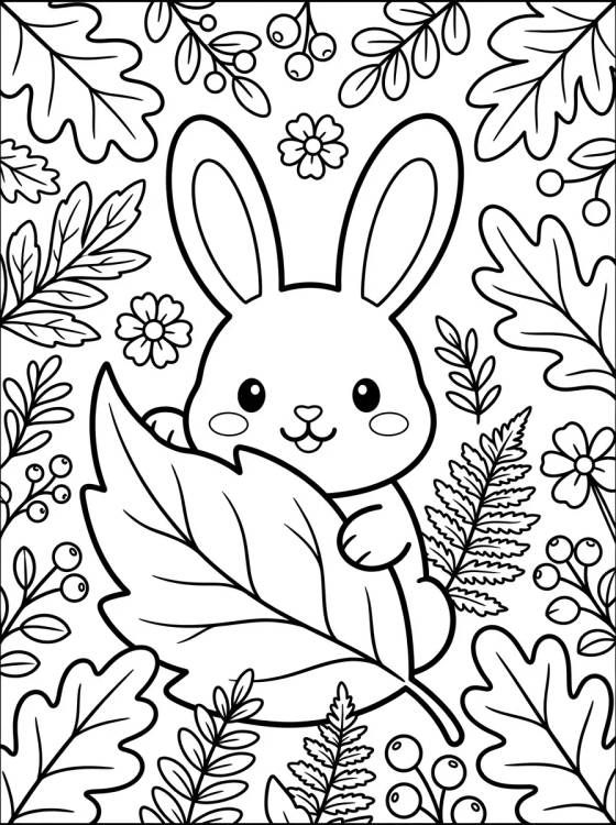 Desenho de Coelhinho entre Folhas do Bosque para colorir e imprimir grátis