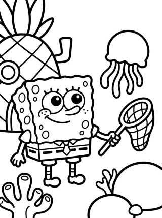 Desenho de Bob Esponja Caçando Águas-Vivas para colorir e imprimir grátis