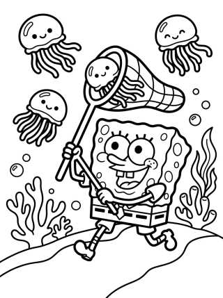 Desenho de Bob Esponja Caçando Águas-Vivas para colorir e imprimir grátis