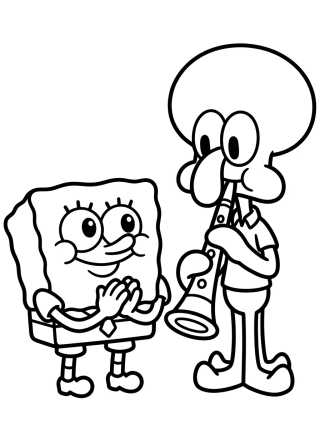 Desenho de Bob Esponja e Lula Molusco Tocando Clarinete para colorir e imprimir grátis