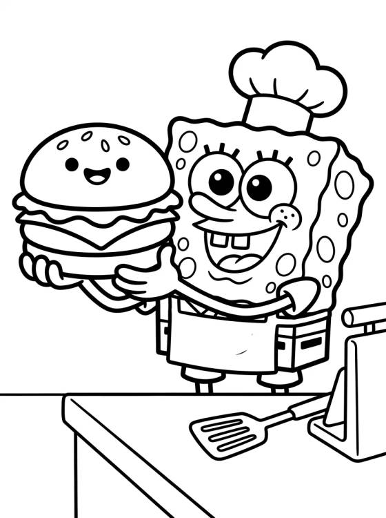Desenho de Bob Esponja Preparando Hambúrguer de Siri para colorir e imprimir grátis