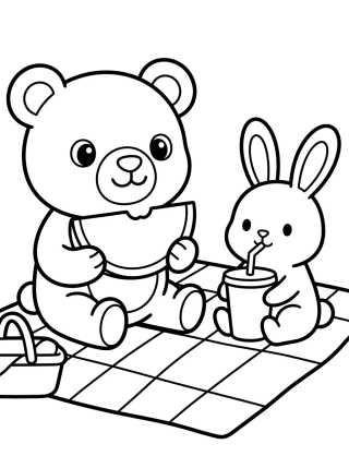 Desenho de Ursinho Bobbie Fazendo Piquenique com o Coelho para colorir e imprimir grátis