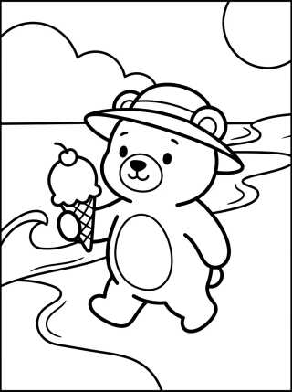 Desenho de Ursinho Bobbie Passeando na Praia com Sorvete para colorir e imprimir grátis