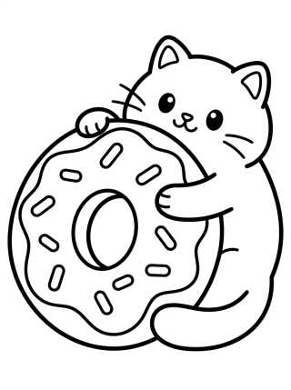 Bolo Gato Abraçando uma Rosquinha para colorir Desenho de Bolo Gato Abraçando uma Rosquinha para colorir e imprimir grátis