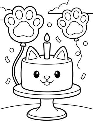 Bolo Gato com Balões de Festa para colorir Desenho de Bolo Gato com Balões de Festa para colorir e imprimir grátis