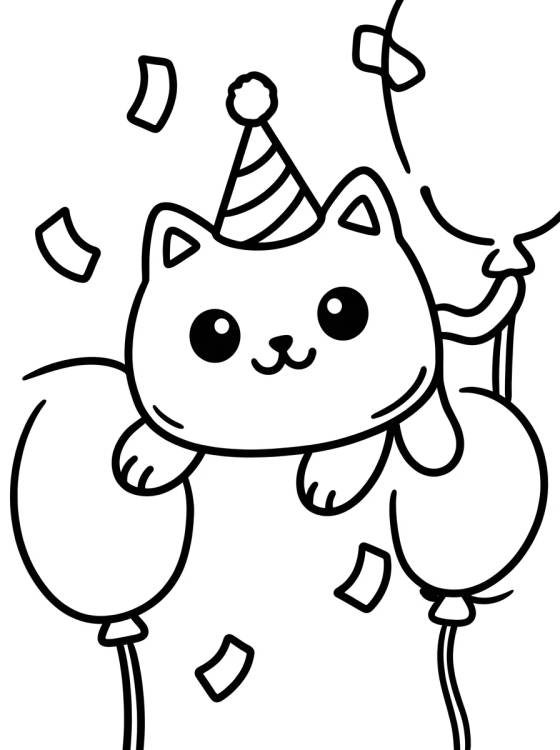Desenho de Bolo Gato com Bexigas de Festa para colorir e imprimir grátis
