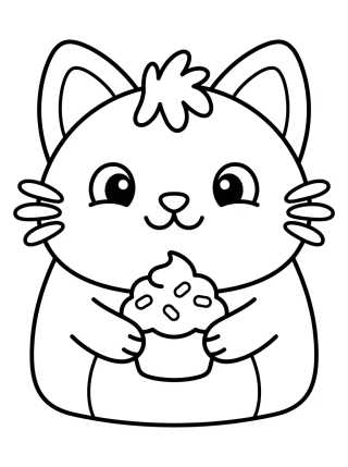 Desenho de Bolo Gato Comemorando com Cupcake para colorir e imprimir grátis