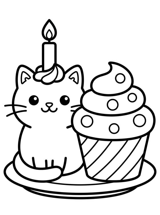 Desenho de Bolo Gato Feliz com Cupcake para colorir e imprimir grátis