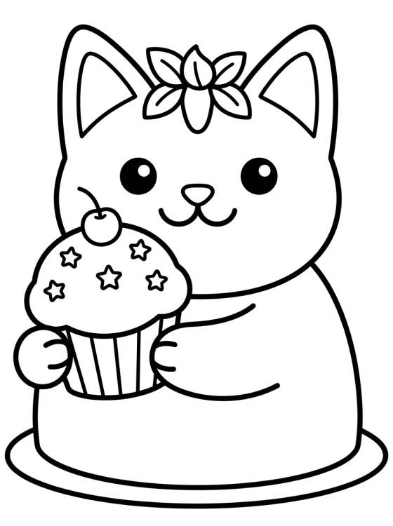 Desenho de Bolo Gato Feliz com Cupcake para colorir e imprimir grátis