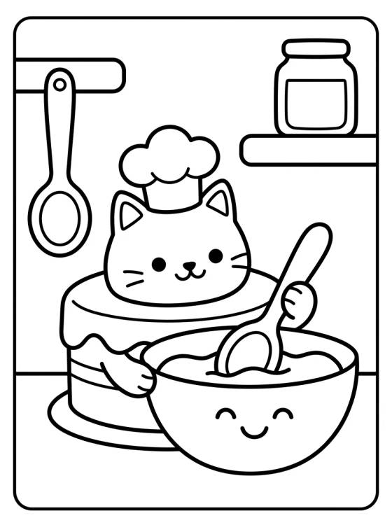 Desenho de Bolo Gato na Cozinha Mágica para colorir e imprimir grátis