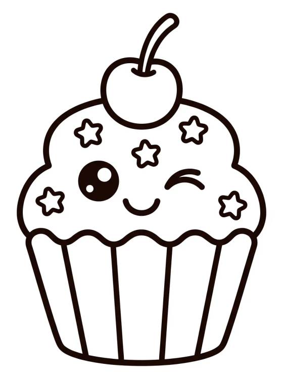 Cupcake Kawaii com Cereja para colorir Desenho de Cupcake Kawaii com Cereja para colorir e imprimir grátis