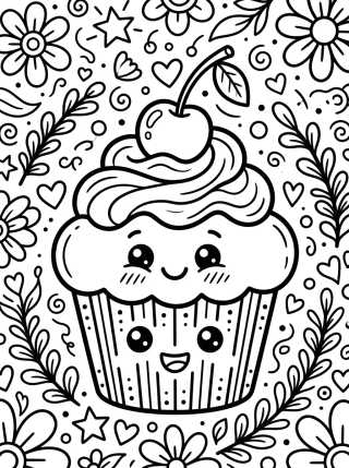 Cupcake Sorridente com Cereja para colorir Desenho de Cupcake Sorridente com Cereja para colorir e imprimir grátis