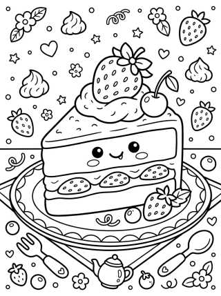 Fatia de Bolo de Morango Kawaii para colorir Desenho de Fatia de Bolo de Morango Kawaii para colorir e imprimir grátis