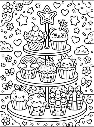 Torre de Mini Cupcakes Coloridos para colorir Desenho de Torre de Mini Cupcakes Coloridos para colorir e imprimir grátis