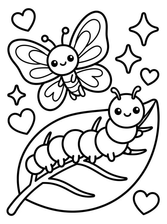 Desenho de Bebê Borboleta com Lagarta Amiga para colorir e imprimir grátis