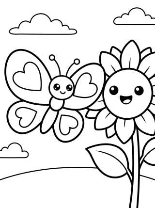 Desenho de Borboleta com Asas de Coração e Girassol para colorir e imprimir grátis