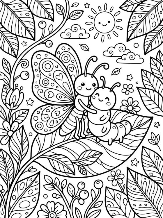 Desenho de Borboleta e Lagarta Amigas para colorir e imprimir grátis