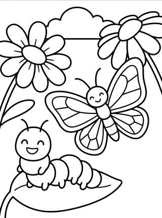 Desenho de Borboleta e Lagartinha Amigas para colorir e imprimir grátis