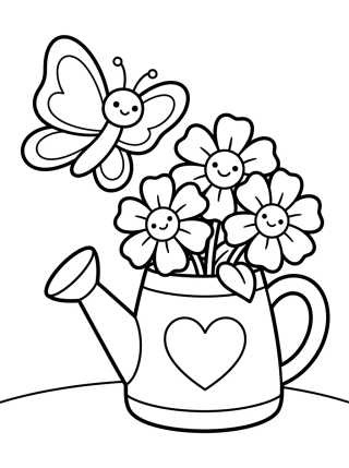 Desenho de Borboleta e Regador Mágico com Flores para colorir e imprimir grátis