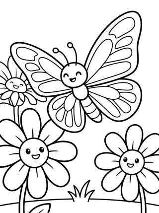 Desenho de Borboleta Feliz entre Flores para colorir e imprimir grátis