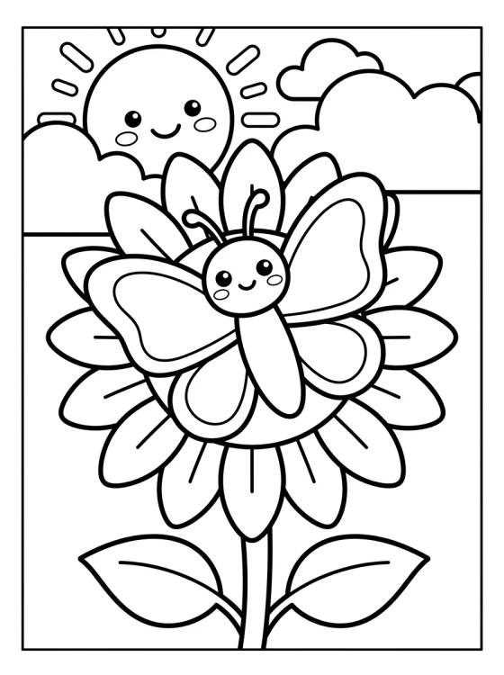 Desenho de Borboleta Kawaii no Girassol para colorir e imprimir grátis