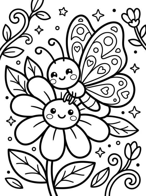 Desenho de Borboleta na Flor Feliz para colorir e imprimir grátis