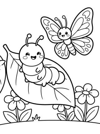 Desenho de Lagarta e Borboleta Amigas no Jardim para colorir e imprimir grátis