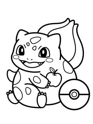 Desenho de Bulbasauro com Maçã e Pokébola para colorir e imprimir grátis