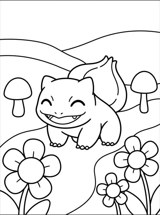 Desenho de Bulbasauro Feliz no Jardim para colorir e imprimir grátis